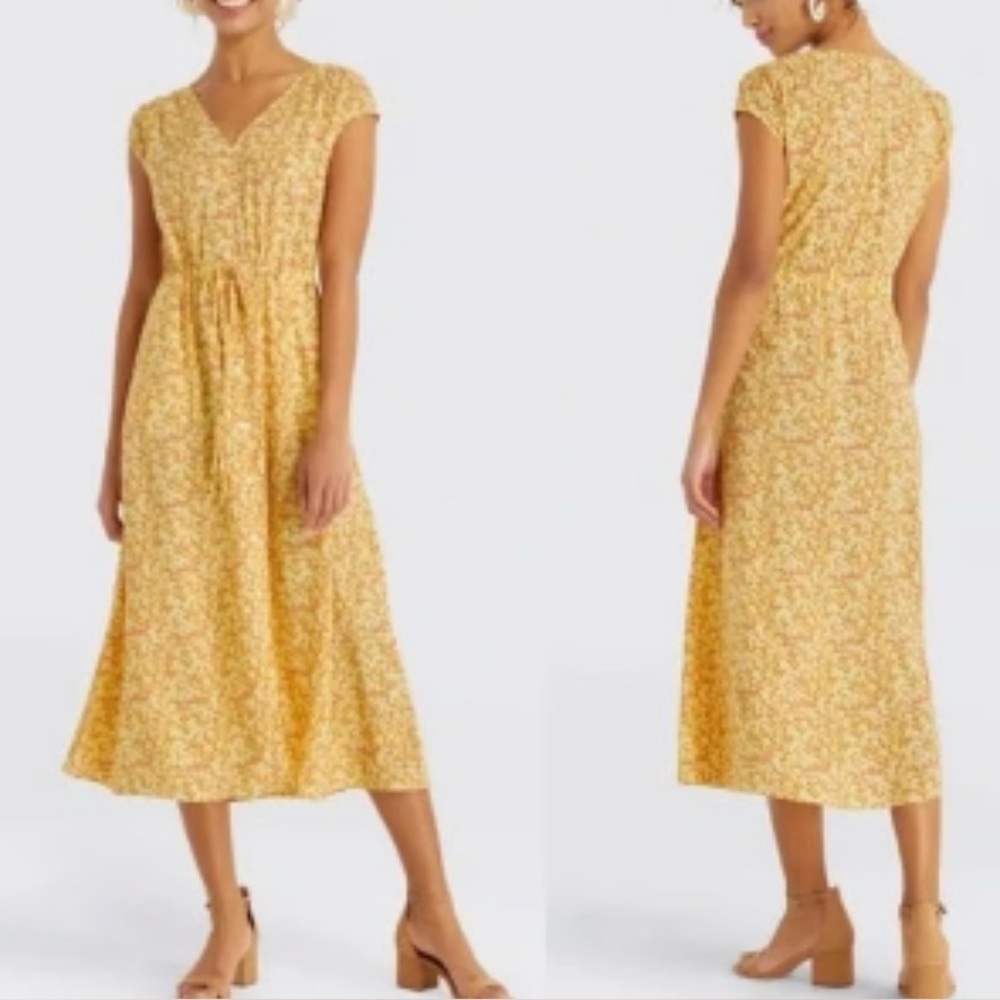 Draper James Floral V-Neck Button Down Midi Dress Size L Sweet Vidalia Yellow
